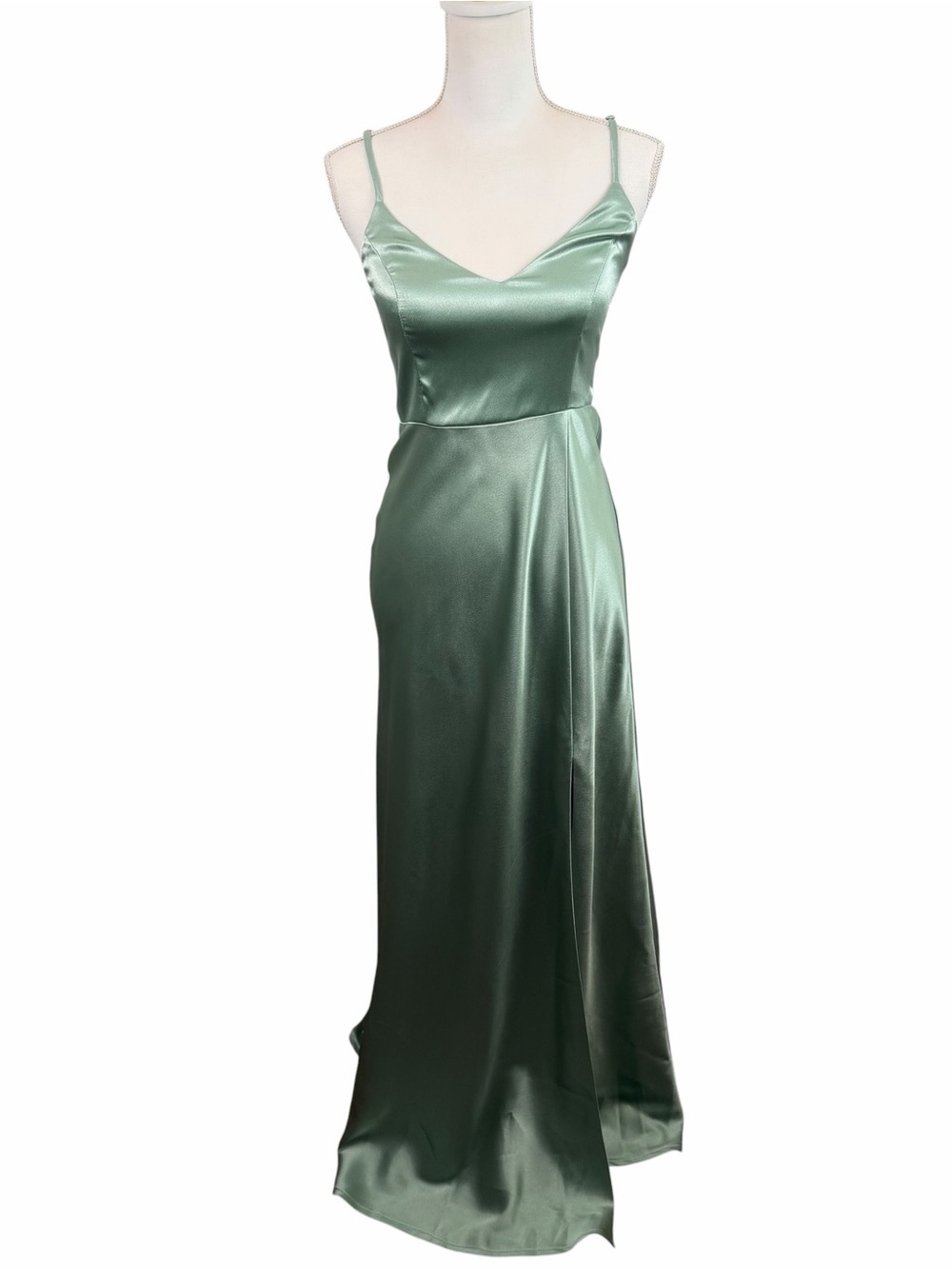 Birdy Grey | Lisa Sage Green Satin Side Slit Long Dress